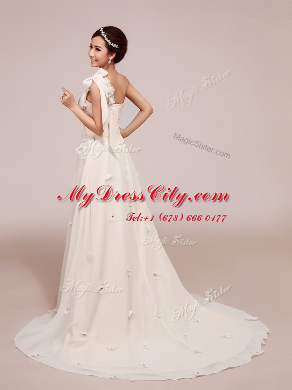 Cheap One Shoulder Sleeveless With Train Ruching and Hand Made Flower Lace Up Wedding Gown with White Brush Train