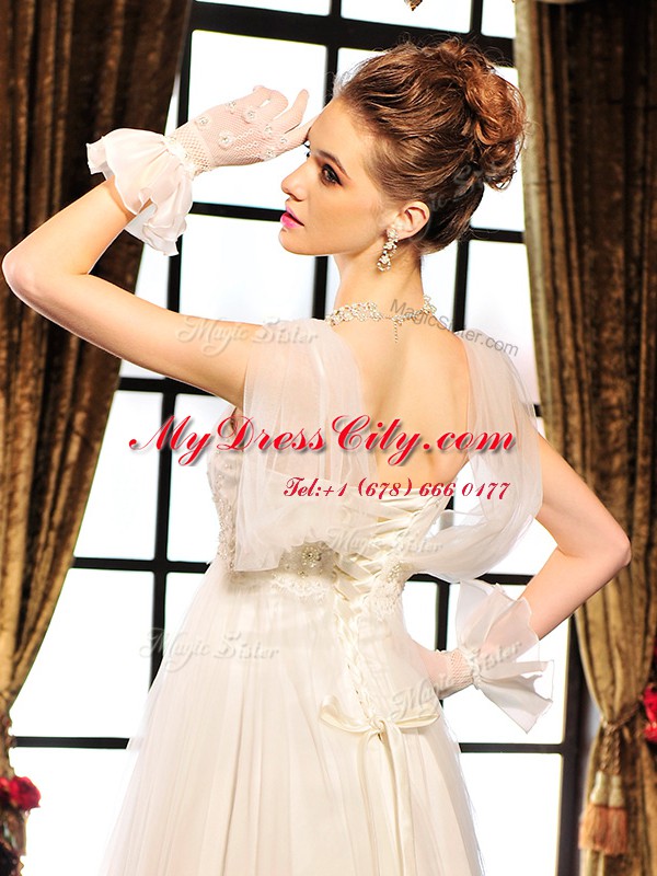 Best White Sleeveless Tulle Lace Up Bridal Gown for Wedding Party