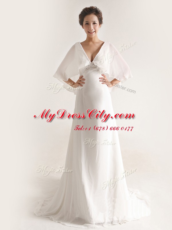 Delicate White V-neck Neckline Ruching Wedding Dresses Half Sleeves Zipper