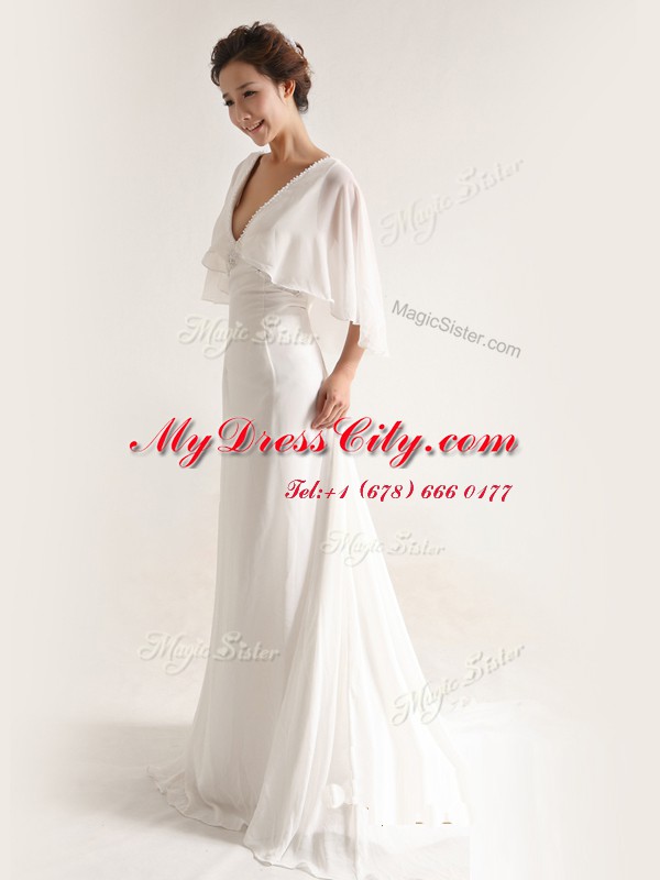 Delicate White V-neck Neckline Ruching Wedding Dresses Half Sleeves Zipper