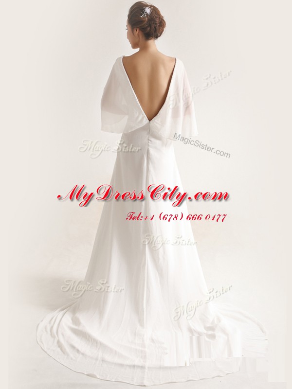 Delicate White V-neck Neckline Ruching Wedding Dresses Half Sleeves Zipper