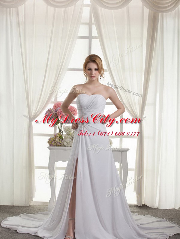 Romantic White Sleeveless Chiffon Court Train Lace Up Bridal Gown for Wedding Party