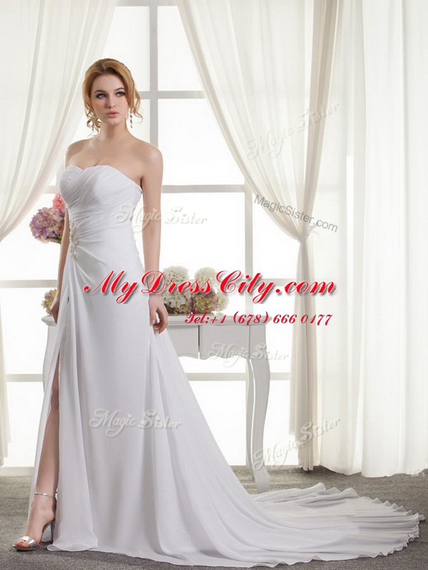 Romantic White Sleeveless Chiffon Court Train Lace Up Bridal Gown for Wedding Party