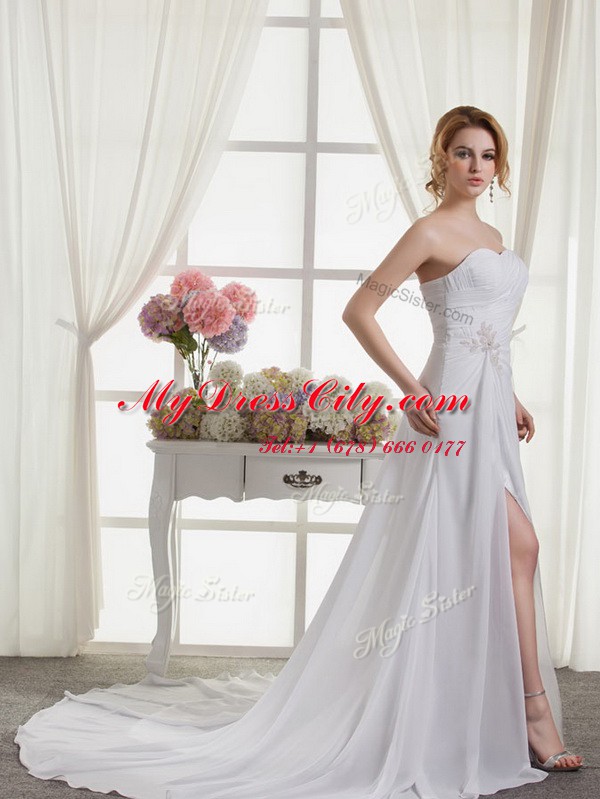 Romantic White Sleeveless Chiffon Court Train Lace Up Bridal Gown for Wedding Party