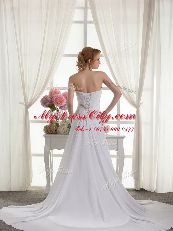 Romantic White Sleeveless Chiffon Court Train Lace Up Bridal Gown for Wedding Party