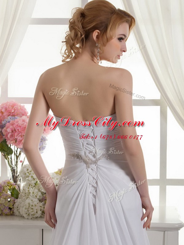 Romantic White Sleeveless Chiffon Court Train Lace Up Bridal Gown for Wedding Party