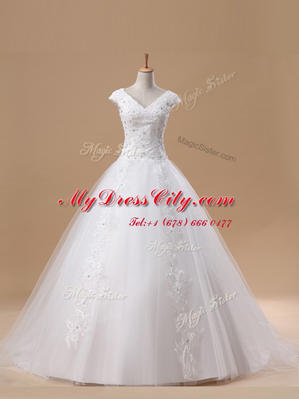 White A-line Tulle V-neck Short Sleeves Beading and Appliques With Train Lace Up Wedding Dresses Brush Train