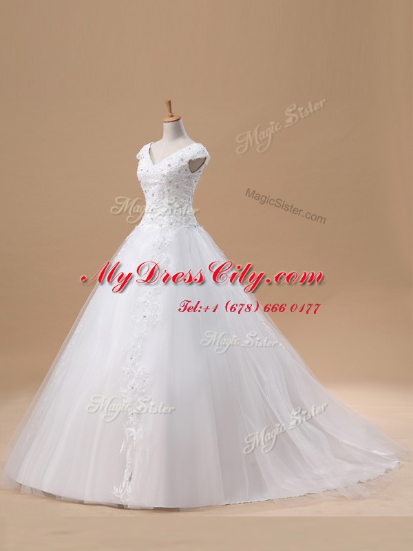 White A-line Tulle V-neck Short Sleeves Beading and Appliques With Train Lace Up Wedding Dresses Brush Train