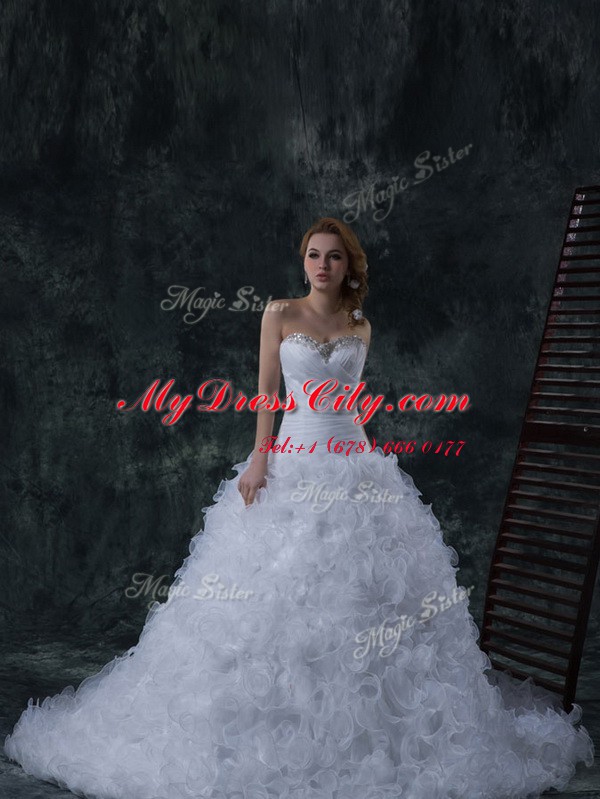 Court Train Column/Sheath Wedding Gowns White Strapless Fabric With Rolling Flowers Sleeveless With Train Lace Up