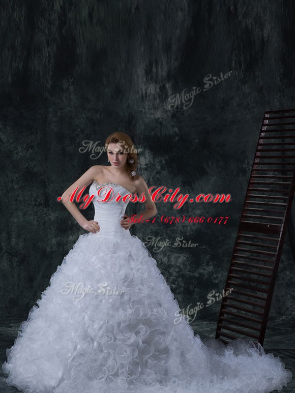 Court Train Column/Sheath Wedding Gowns White Strapless Fabric With Rolling Flowers Sleeveless With Train Lace Up