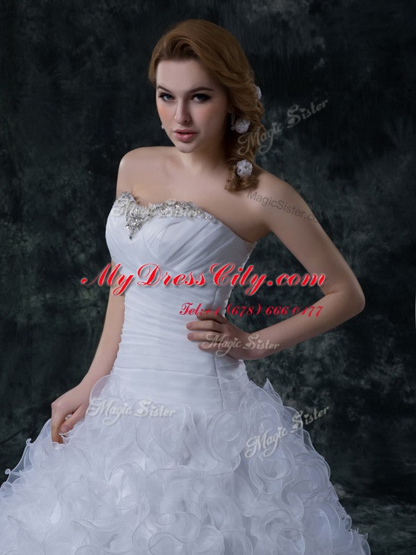 Court Train Column/Sheath Wedding Gowns White Strapless Fabric With Rolling Flowers Sleeveless With Train Lace Up