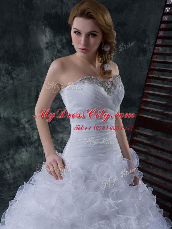 Court Train Column/Sheath Wedding Gowns White Strapless Fabric With Rolling Flowers Sleeveless With Train Lace Up