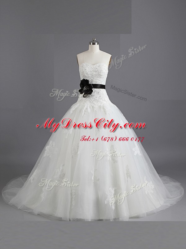 White Sleeveless With Train Beading and Appliques and Belt Lace Up Wedding Gown