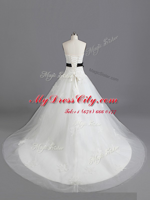 White Sleeveless With Train Beading and Appliques and Belt Lace Up Wedding Gown