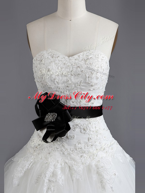 White Sleeveless With Train Beading and Appliques and Belt Lace Up Wedding Gown