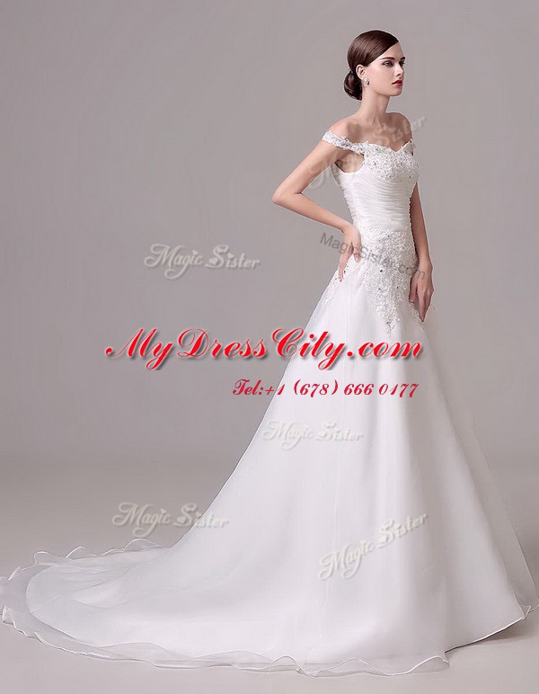 Excellent Off the Shoulder White Clasp Handle Wedding Gown Beading and Appliques and Ruching Sleeveless Court Train