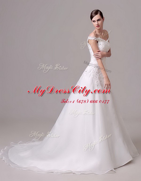 Excellent Off the Shoulder White Clasp Handle Wedding Gown Beading and Appliques and Ruching Sleeveless Court Train