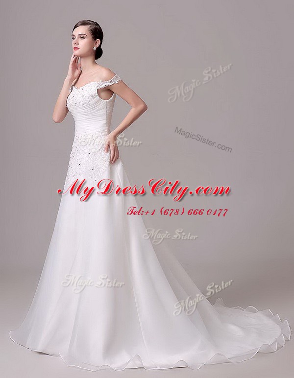 Excellent Off the Shoulder White Clasp Handle Wedding Gown Beading and Appliques and Ruching Sleeveless Court Train