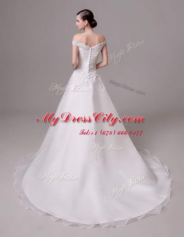 Excellent Off the Shoulder White Clasp Handle Wedding Gown Beading and Appliques and Ruching Sleeveless Court Train