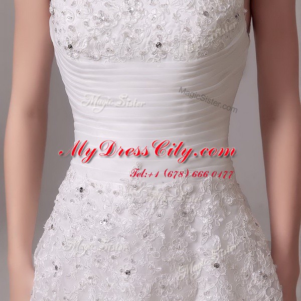 Excellent Off the Shoulder White Clasp Handle Wedding Gown Beading and Appliques and Ruching Sleeveless Court Train