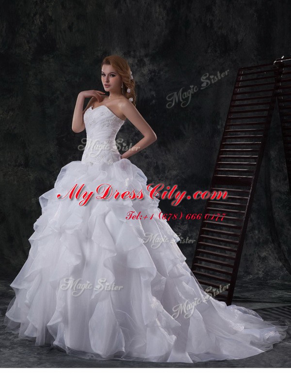 Extravagant Organza Sleeveless With Train Wedding Gowns Brush Train and Beading and Appliques and Ruffles