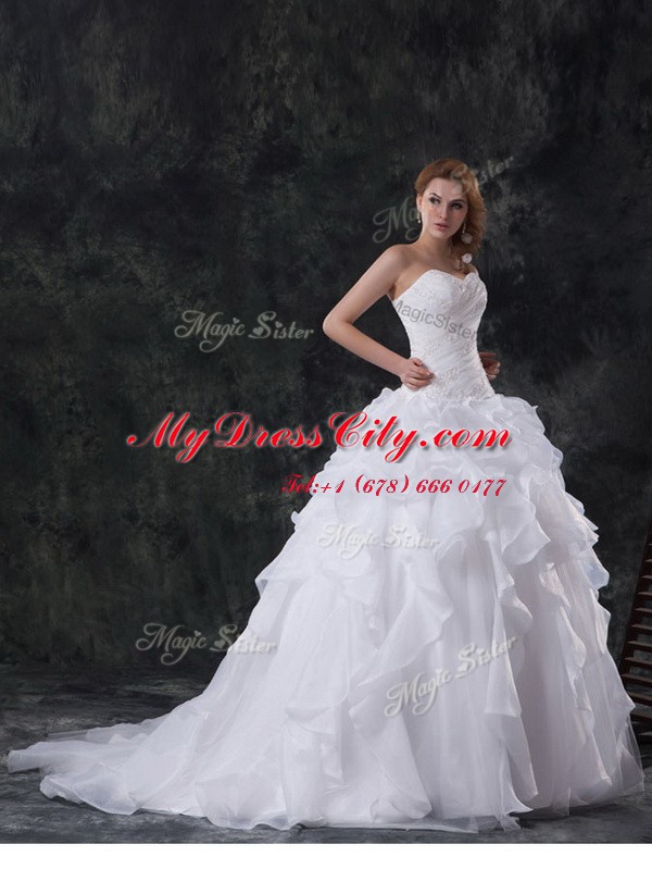 Extravagant Organza Sleeveless With Train Wedding Gowns Brush Train and Beading and Appliques and Ruffles