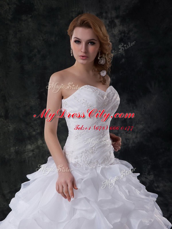 Extravagant Organza Sleeveless With Train Wedding Gowns Brush Train and Beading and Appliques and Ruffles