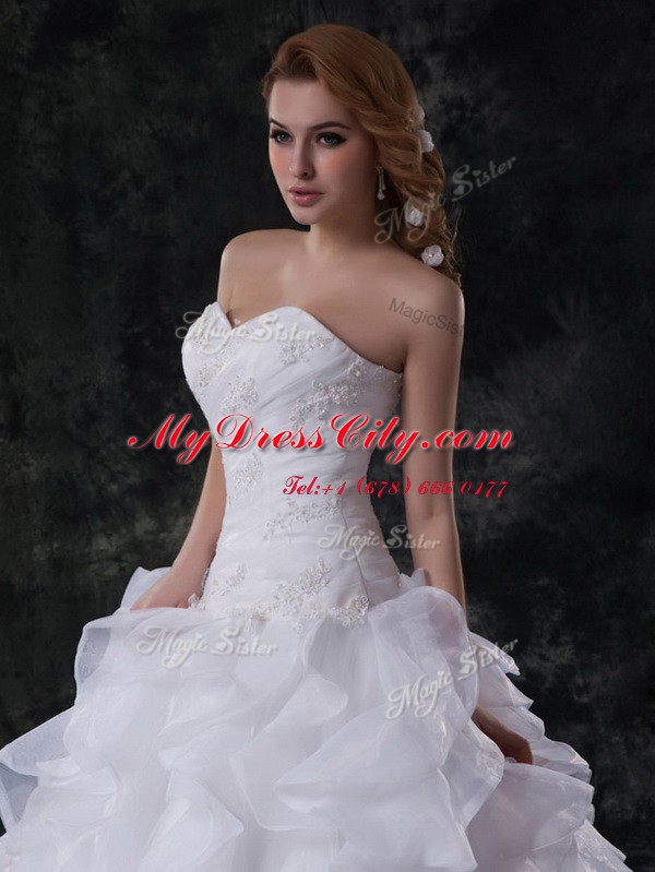 Extravagant Organza Sleeveless With Train Wedding Gowns Brush Train and Beading and Appliques and Ruffles