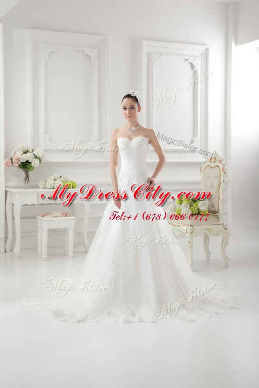 White Tulle Clasp Handle Wedding Dresses Sleeveless Sweep Train Lace and Appliques