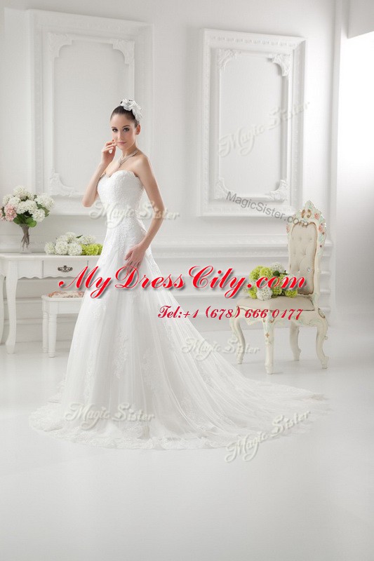 White Tulle Clasp Handle Wedding Dresses Sleeveless Sweep Train Lace and Appliques