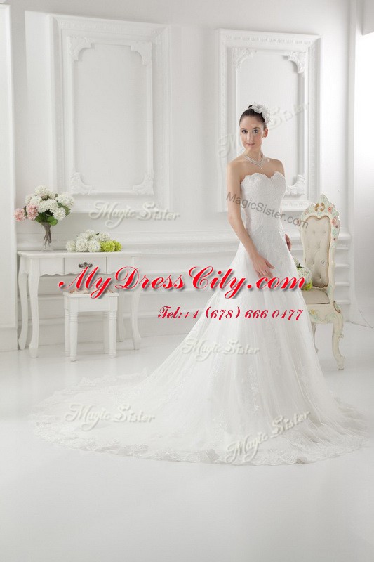 White Tulle Clasp Handle Wedding Dresses Sleeveless Sweep Train Lace and Appliques