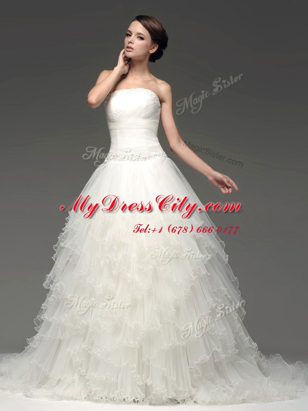 Strapless Sleeveless Sweep Train Lace Up Wedding Dresses White Tulle