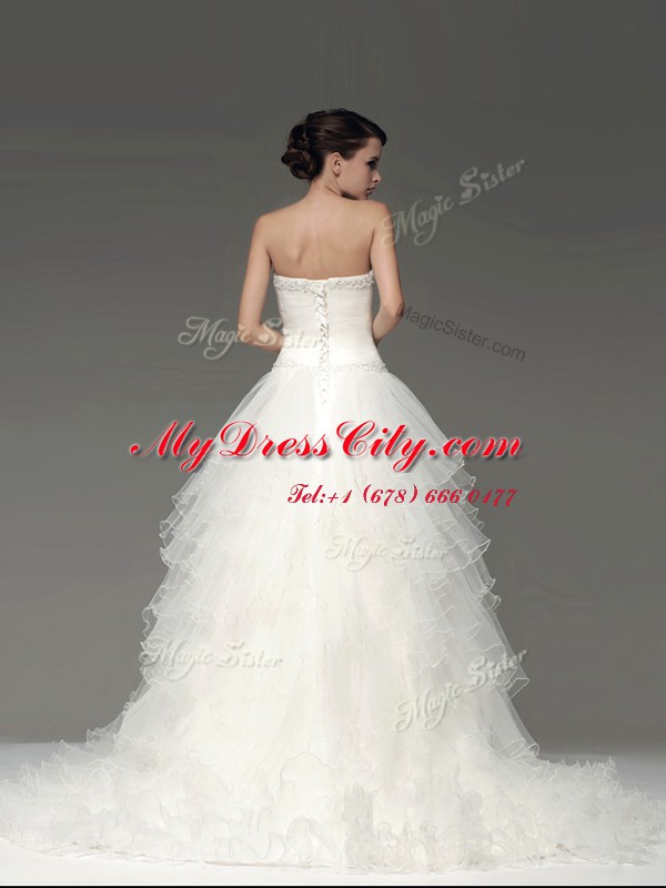 Strapless Sleeveless Sweep Train Lace Up Wedding Dresses White Tulle