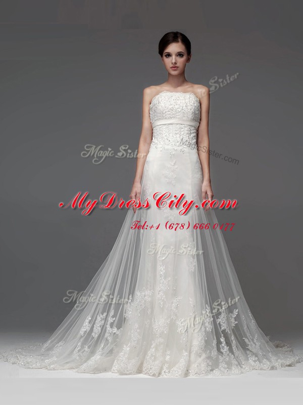 Low Price White Bridal Gown Wedding Party and For with Lace and Appliques Strapless Sleeveless Brush Train Lace Up