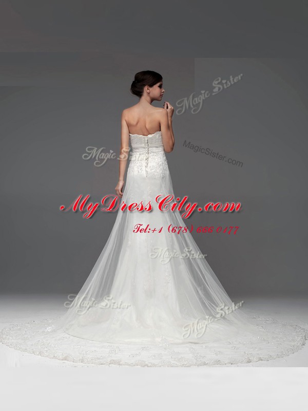 Low Price White Bridal Gown Wedding Party and For with Lace and Appliques Strapless Sleeveless Brush Train Lace Up