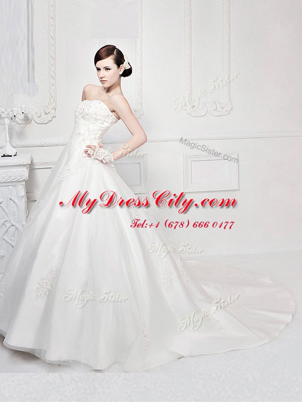 With Train A-line Sleeveless White Wedding Dress Court Train Zipper