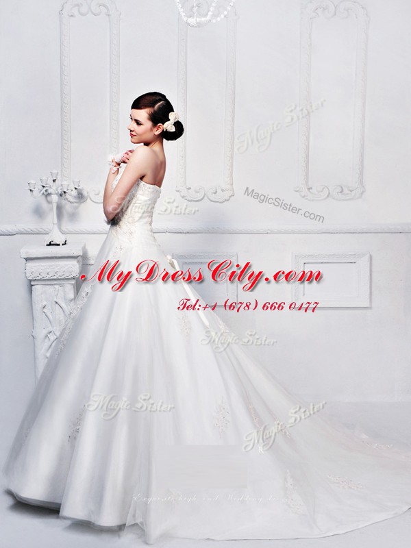 With Train A-line Sleeveless White Wedding Dress Court Train Zipper