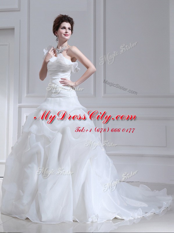 One Shoulder Sleeveless Brush Train Ruffles and Ruching and Pick Ups Lace Up Wedding Dresses