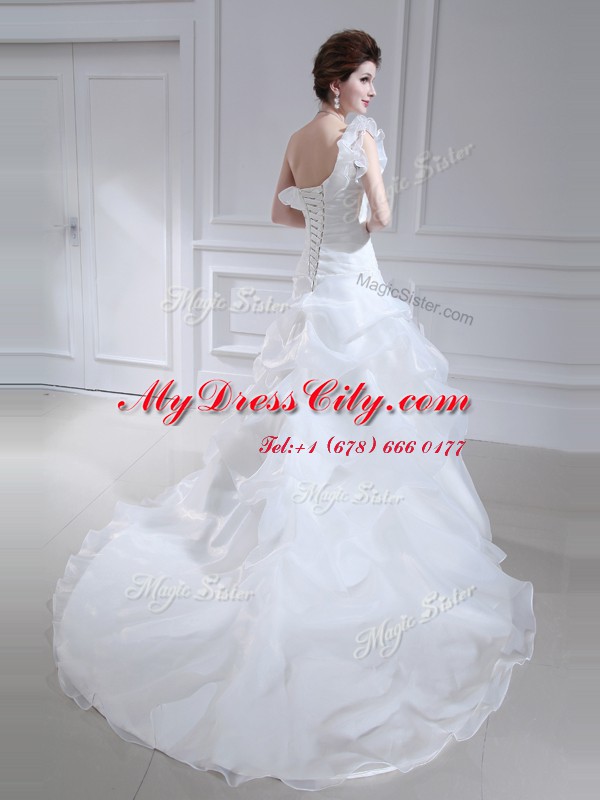 One Shoulder Sleeveless Brush Train Ruffles and Ruching and Pick Ups Lace Up Wedding Dresses