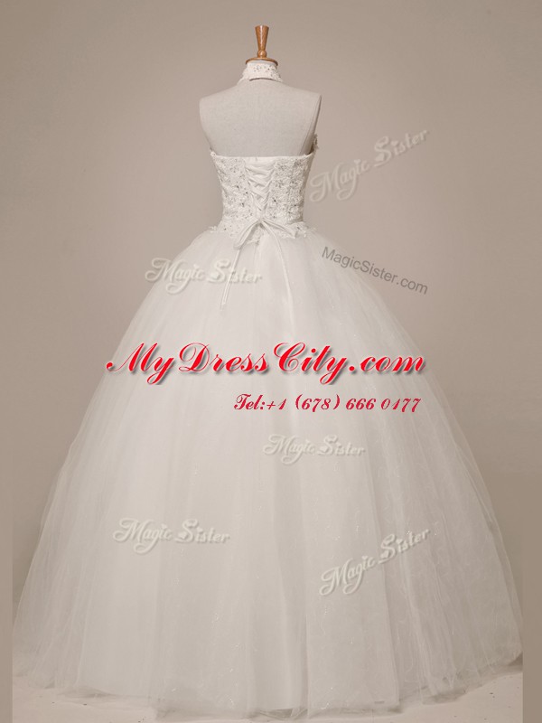 Great Halter Top Floor Length White Wedding Gown Tulle Sleeveless Beading