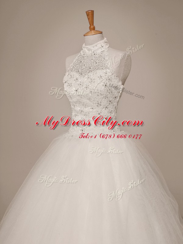 Great Halter Top Floor Length White Wedding Gown Tulle Sleeveless Beading