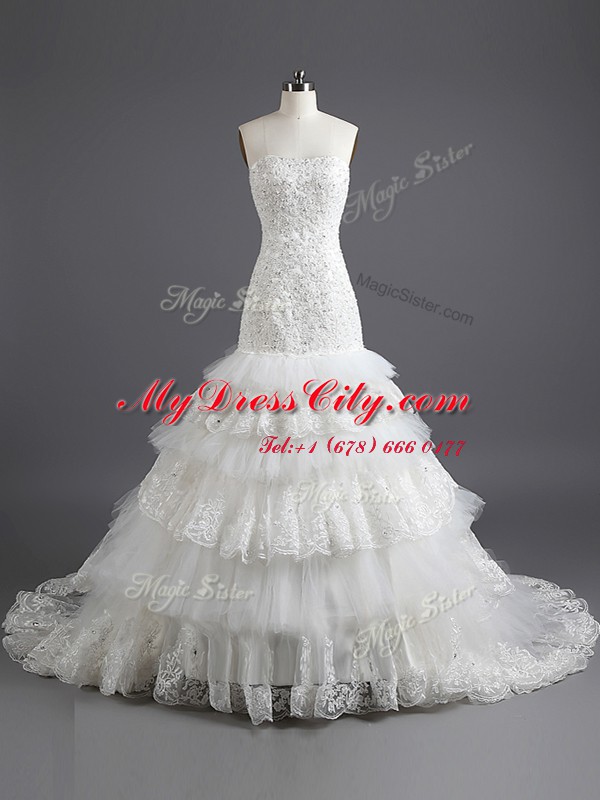 Mermaid White Tulle and Lace Lace Up Strapless Sleeveless With Train Wedding Dresses Court Train Ruffled Layers