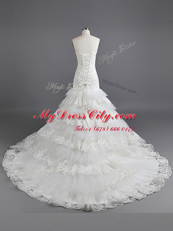 Mermaid White Tulle and Lace Lace Up Strapless Sleeveless With Train Wedding Dresses Court Train Ruffled Layers