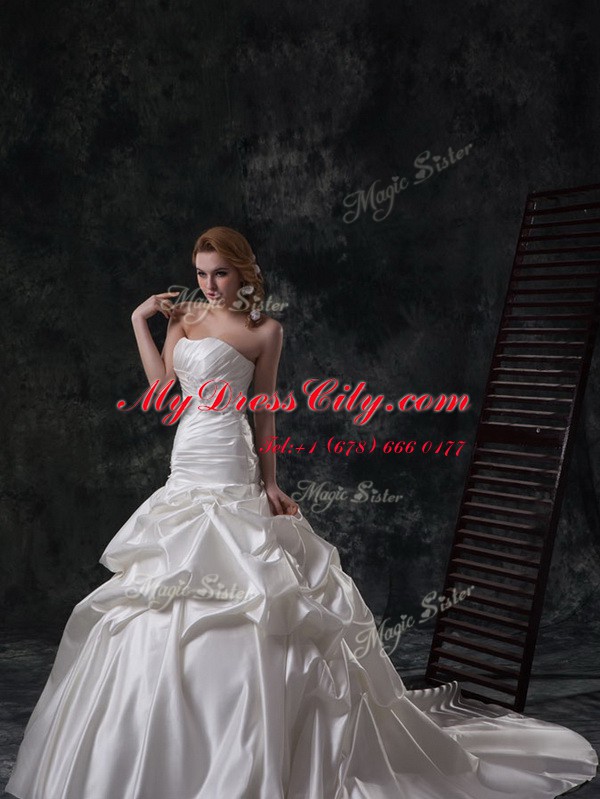 Sweet Mermaid Lace Up Wedding Gowns White for Wedding Party with Beading and Ruching and Pick Ups Brush Train