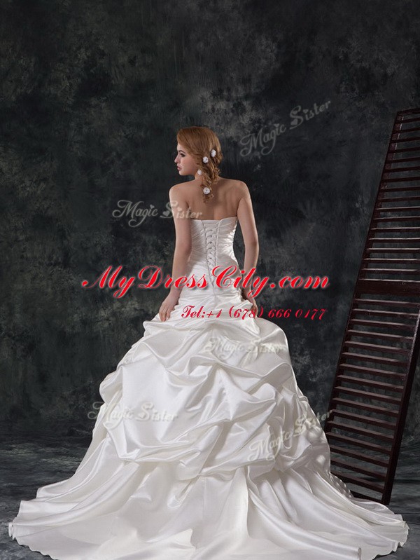 Sweet Mermaid Lace Up Wedding Gowns White for Wedding Party with Beading and Ruching and Pick Ups Brush Train