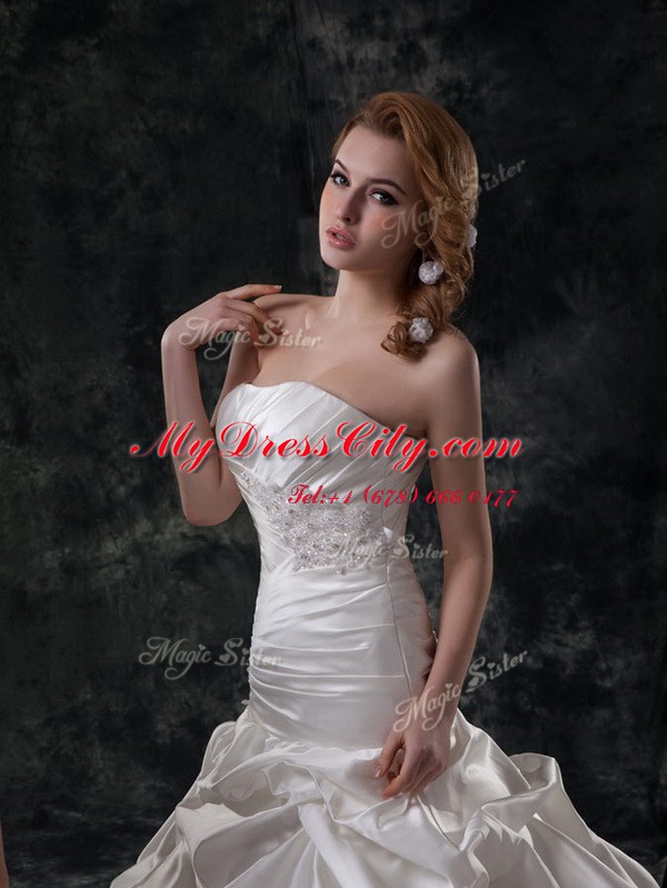 Sweet Mermaid Lace Up Wedding Gowns White for Wedding Party with Beading and Ruching and Pick Ups Brush Train