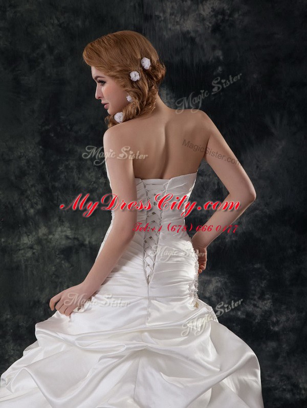 Sweet Mermaid Lace Up Wedding Gowns White for Wedding Party with Beading and Ruching and Pick Ups Brush Train