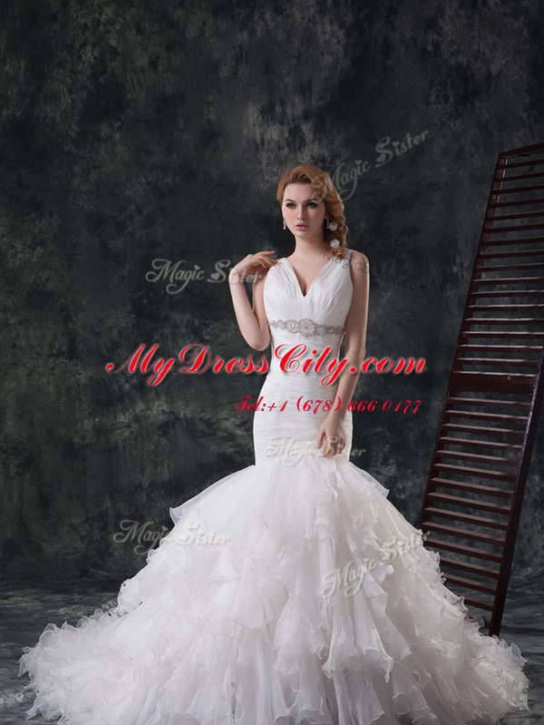 Fashionable Mermaid Sleeveless Brush Train Lace Up Beading and Ruffles Wedding Gown