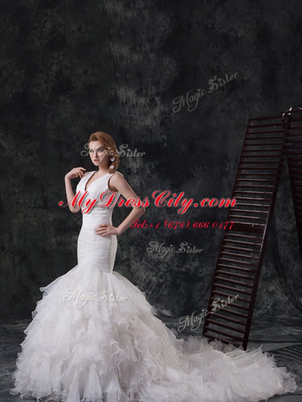 Fashionable Mermaid Sleeveless Brush Train Lace Up Beading and Ruffles Wedding Gown