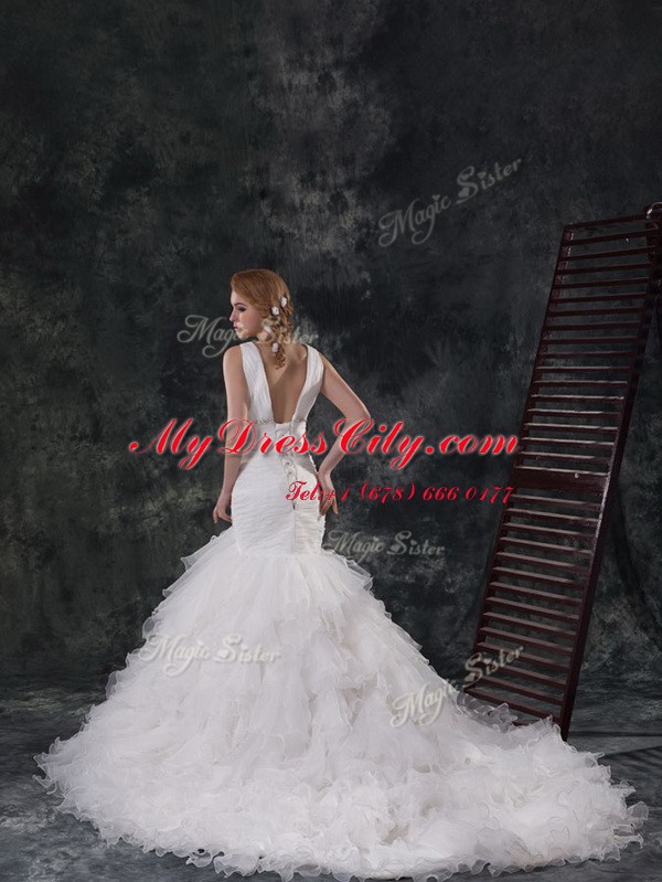 Fashionable Mermaid Sleeveless Brush Train Lace Up Beading and Ruffles Wedding Gown